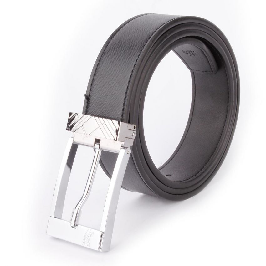 Silver Pin Buckle Reversible Black Textured Belt